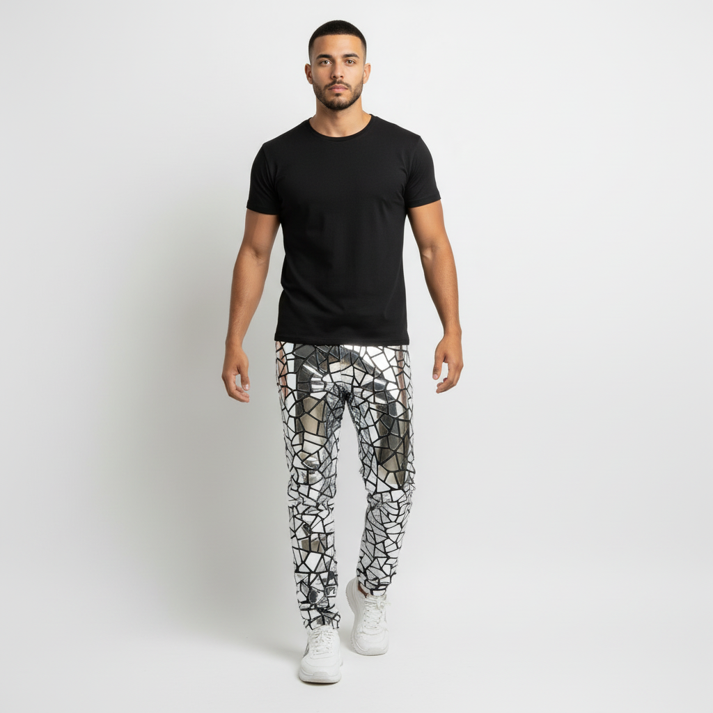 Pantalon à panneaux miroir géométriques argentés Rocco