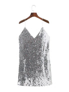 Silver Sequin Party Dress with V-neck and shimmering sequins on a hanger.