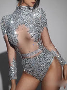 Silver Sequin Bodysuit with Rhinestones