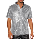Men's silver sequin short sleeve shirt with a black collar and quarter-button placket.