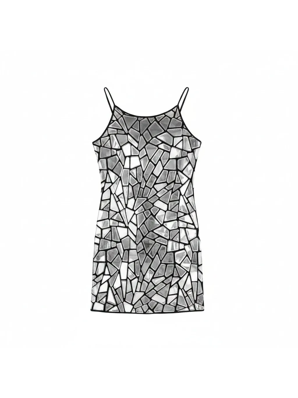 Shiny Metallic Mirror Party Dress with a striking fractured mirror design and sleek black straps.