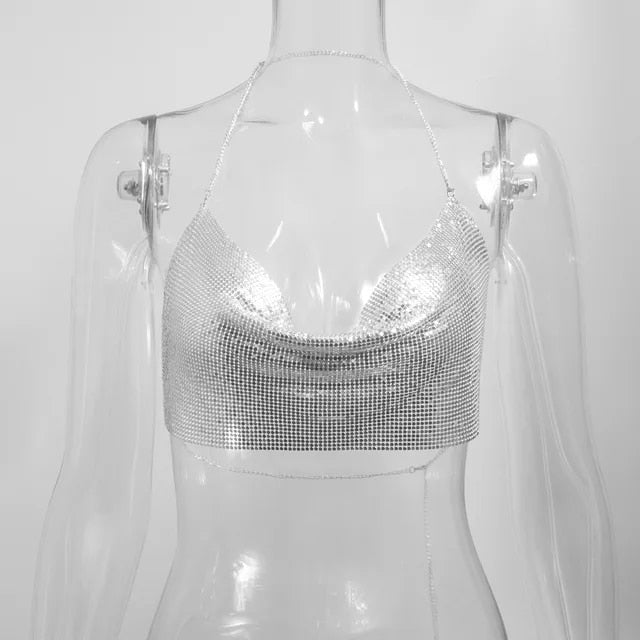 Silver Short Sequin Backless Crop Top