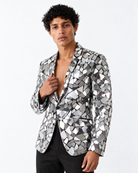 Tailored silver blazer featuring geometric mirror panels on a structured cotton-polyester base for a high-fashion look.