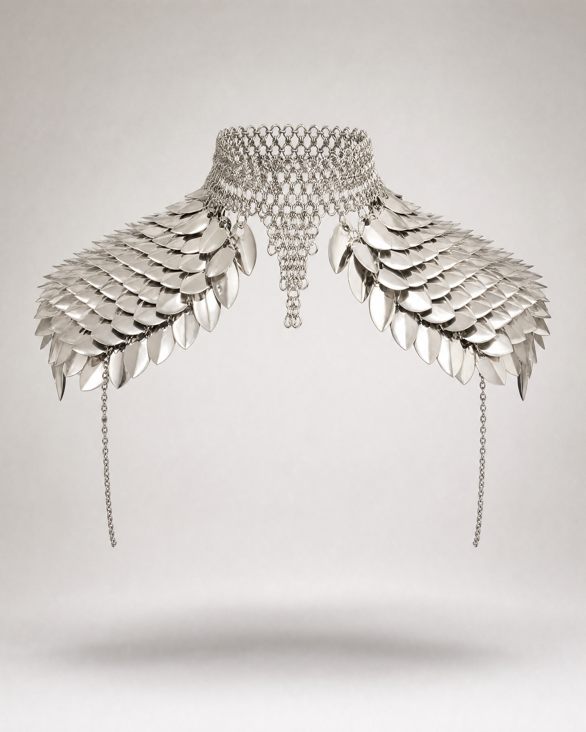 Silver metal shoulder armor body jewelry with overlapping scales, chainmail choker, and draped side chains.