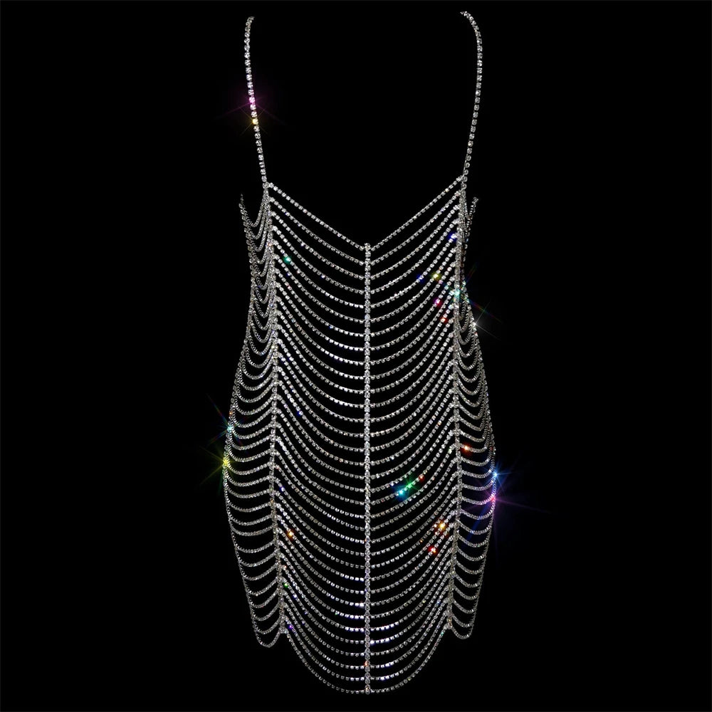 Silver Sparkling Rhinestone Dress with dazzling rhinestone design and shiny detail, ideal for festivals.