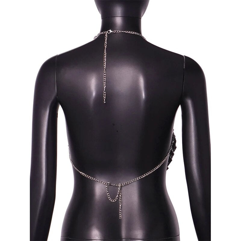 Women Silver Square Sequin Chainmail festival outfit Top Metal Chain Body Chain Mirror Crop Top rave outfit