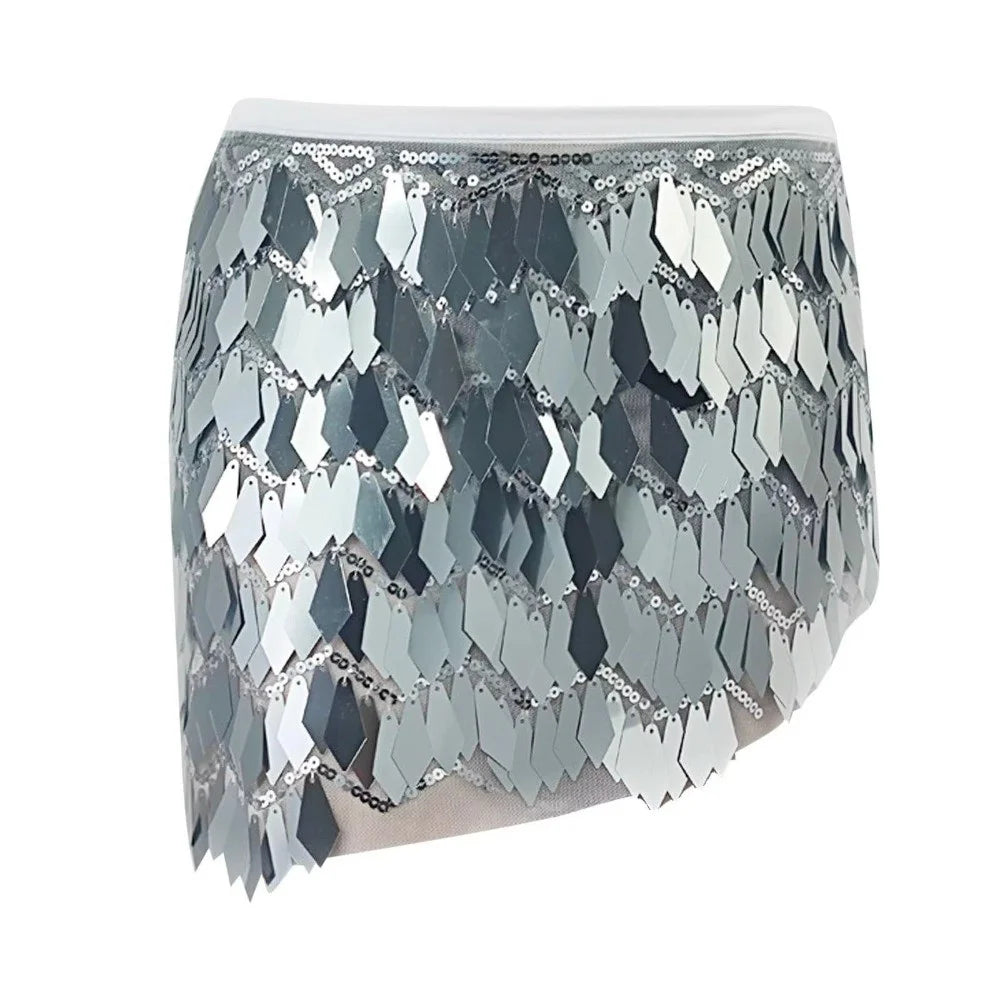 Silver sequin mini skirt featuring diamond-shaped metallic scales and a comfortable white elastic waistband.