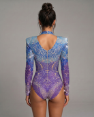 Skye Blue Rhinestone Bodysuit, a long-sleeve, high-neck spandex bodysuit with blue and purple hand-glued rhinestones.