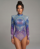 Skye Blue Rhinestone Bodysuit with hand-glued rhinestones and sewn sequins in a vibrant blue-purple gradient.