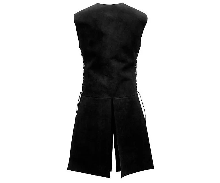 Schwarze ärmellose Steampunk-Rüstungsweste, Rückansicht, mit verstellbarer Seiten-Schnürung und geteiltem Schwanz-Design.