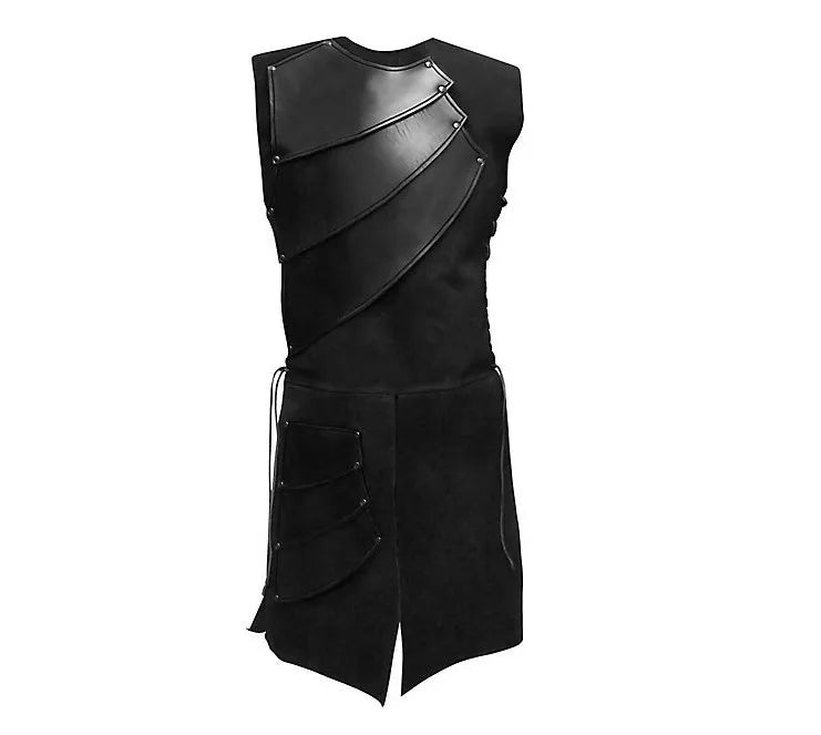 Black sleeveless steampunk armor vest with diagonal PU leather panels, metal rivets, and side lacing.