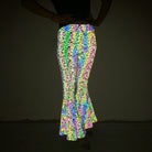 Slim Fit Reflective Bodycon Pants with colorful light-catching design, perfect for rave or festival outfits.