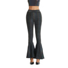 Slim Fit Reflective Bodycon Pants featuring a flared hem, perfect for festivals and rave outfits.