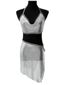 metallic top and skirt set silver full-shot on mannequin with chain details