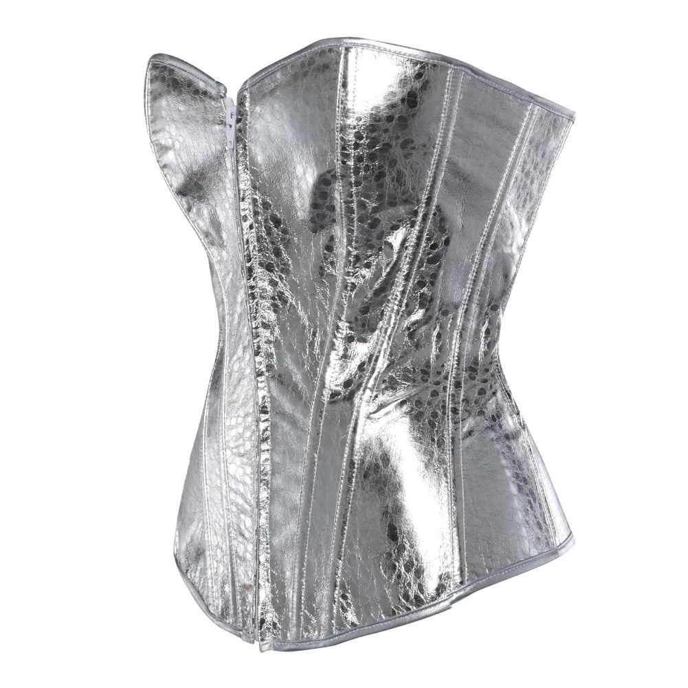Silver faux-snakeskin corset top with structured boning and a front zipper closure.
