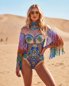 Solana Multicolor Rhinestone Bodysuit with intricate beaded fringe sleeves and geometric patterns.