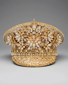 Opulent Soleil Gold Capitan Military Hat, fully embellished with gold sequins and large marquise-cut rhinestone clusters.