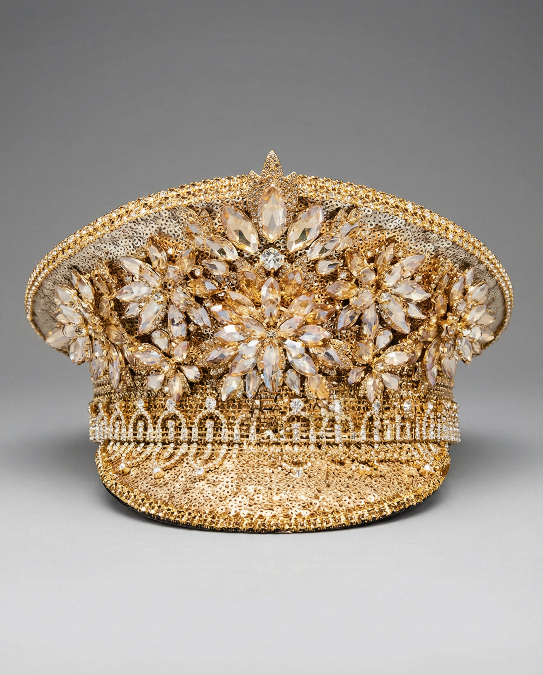 Opulent Soleil Gold Capitan Military Hat, fully embellished with gold sequins and large marquise-cut rhinestone clusters.