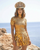 Soleil Gold Rhinestone Capitan Military Hat, adorned with sequins and large marquise-cut rhinestone clusters.