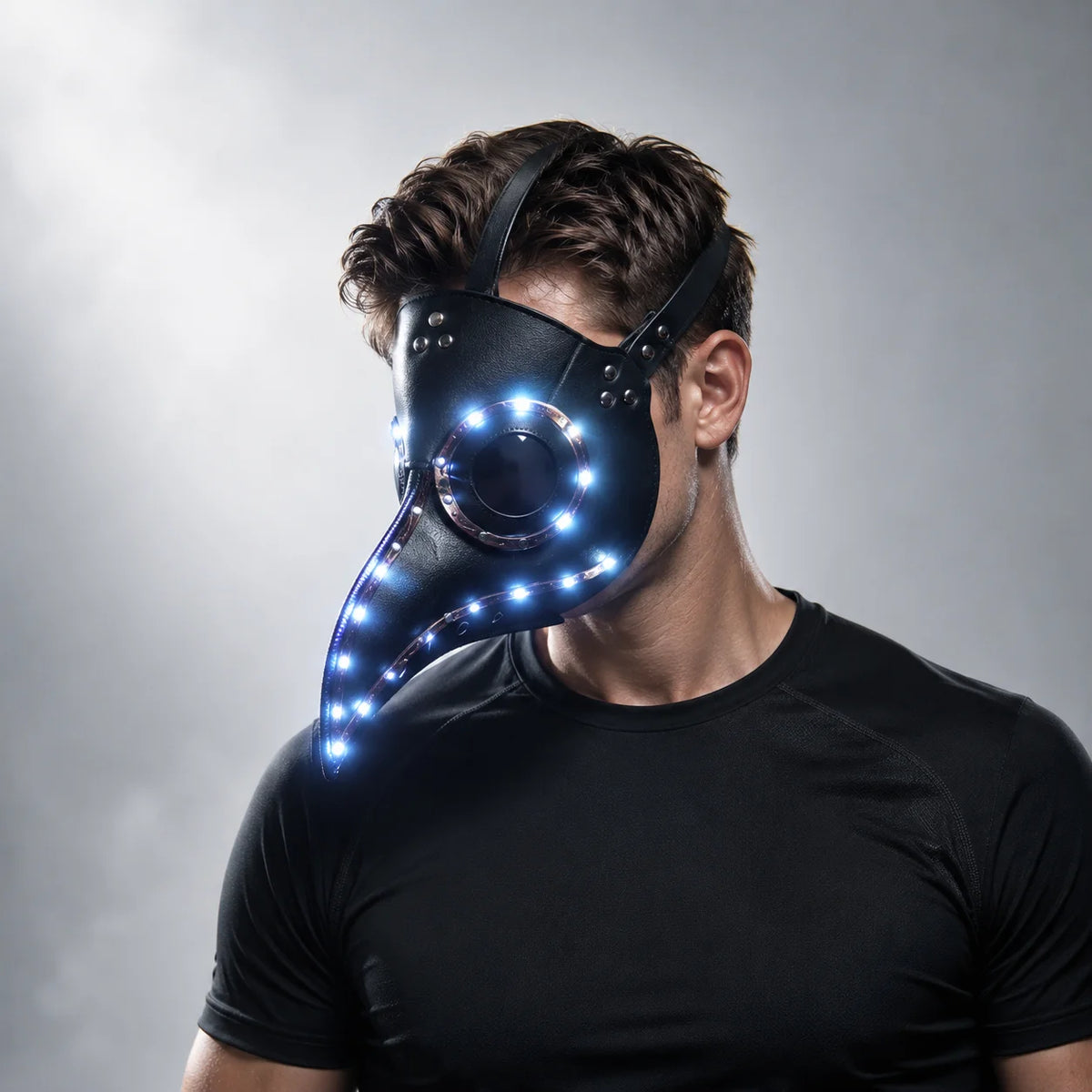 Black faux-leather steampunk plague doctor mask featuring glowing LED lights and an adjustable strap for a comfortable fit.