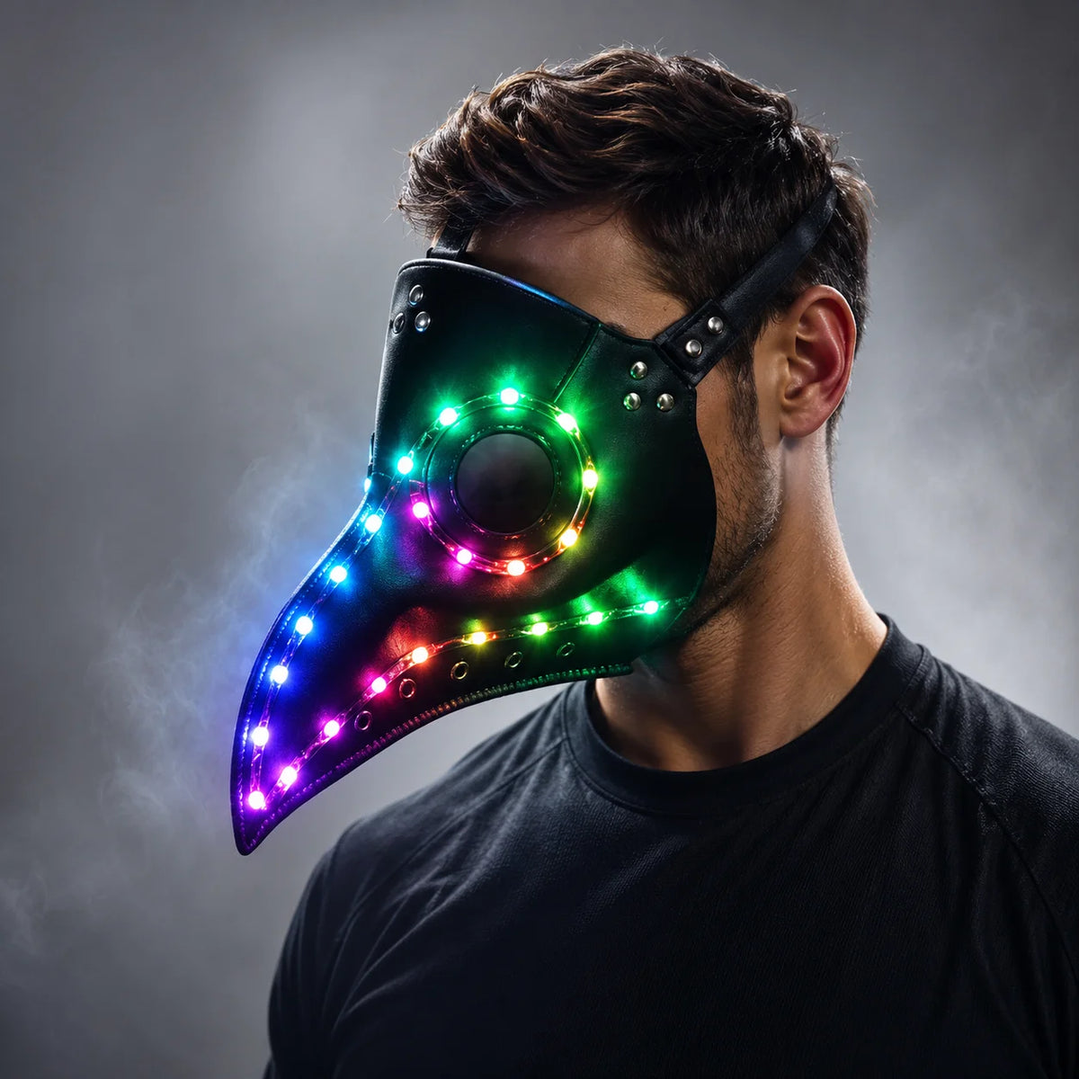 Black faux-leather steampunk plague doctor mask with vibrant, multi-colored LED lights and an adjustable strap.