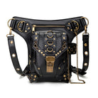 Steampunk Waist Leg Bag in black PU leather with studs, adjustable straps, and multiple pockets for essentials.