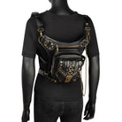 Steampunk Waist Leg Bag in black PU leather with adjustable straps and multiple pockets displayed on mannequin.