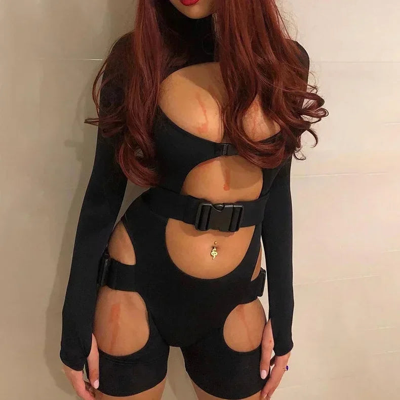 Strap Black Hollow Strap Romper Bodysuit