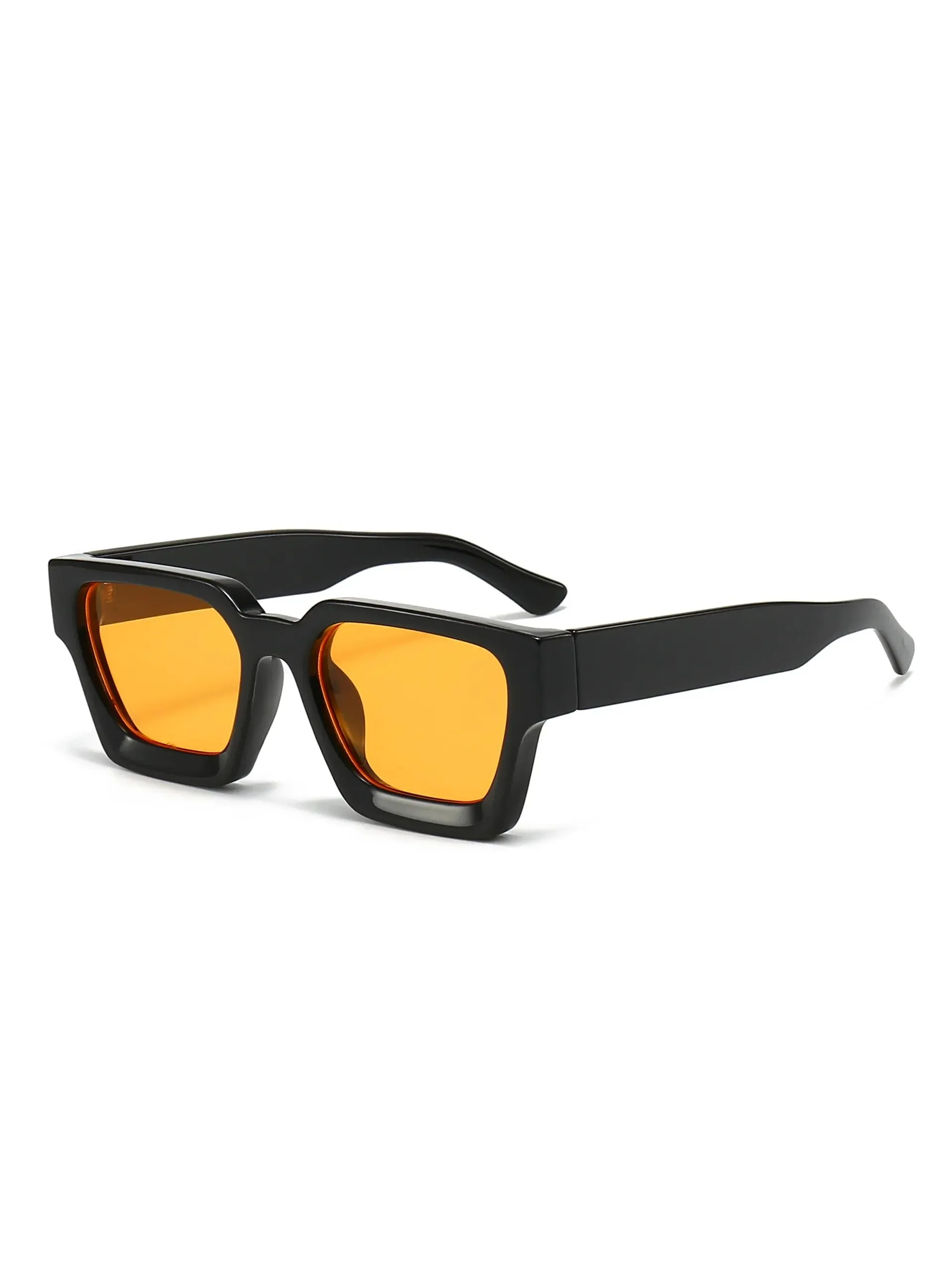 Unisex Malmö chunky square sunglasses featuring a black polycarbonate frame and vibrant orange UV-400 resin lenses.