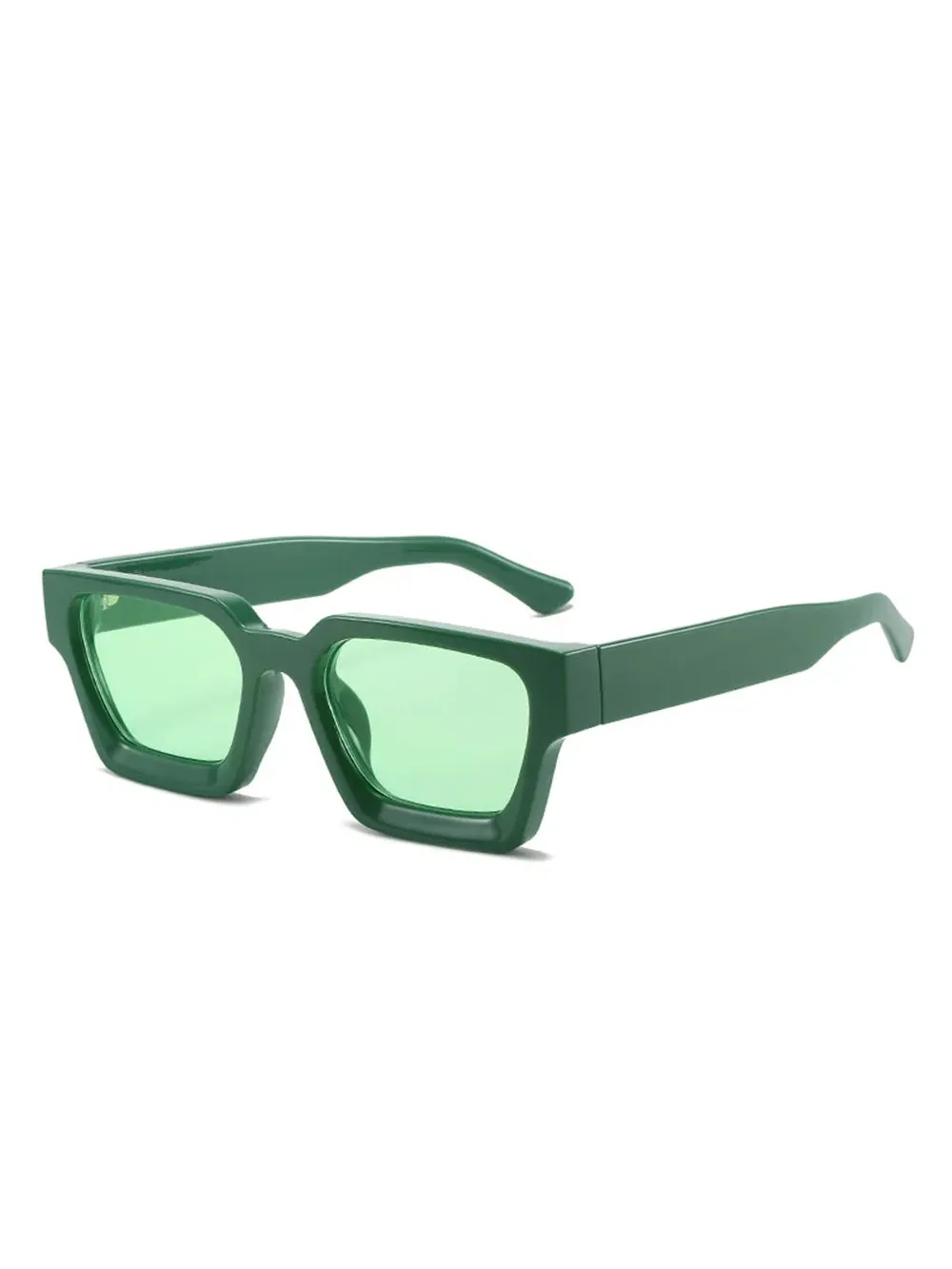 Malmö chunky square sunglasses featuring a dark green polycarbonate frame and matching light green resin lenses.
