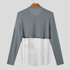 back-view tassel fringe crop top grey with cascading fringe detail