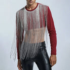 tassel fringe crop top in burgundy close-up with flowing silver tassels and form-fitting black pants