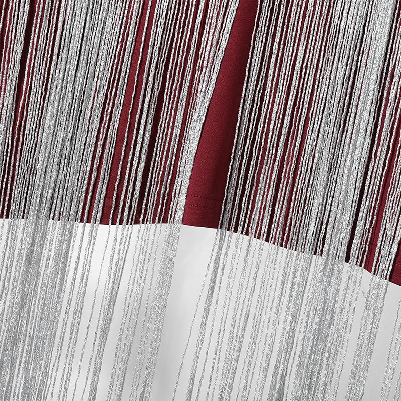 tassel fringe crop top close-up of red and silver cascading fringe details
