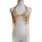 Crystal Festival Tank Top with crystal embellishments and gold chain accents for standout festival style.