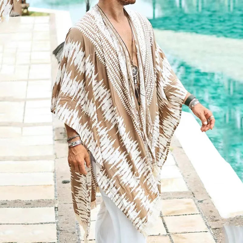 Unisex Tulum Sand Fringe Kimono in 100% rayon, featuring a warm sand and white stripe pattern with natural fringe.