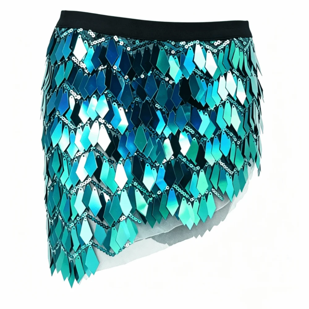 Teal sequin mini skirt featuring diamond-shaped metallic scales, a black elastic waistband, and chain-link detailing.