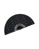Folding Holographic Hand Fan with a stylish black design featuring colorful patterns.
