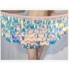 Iridescent sequin mini skirt featuring a light pink elastic waistband and layered diamond-shaped metallic accents.