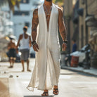 Mens vintage long sleeveless V-neck cardigan in light beige polyester, featuring a long draping silhouette.