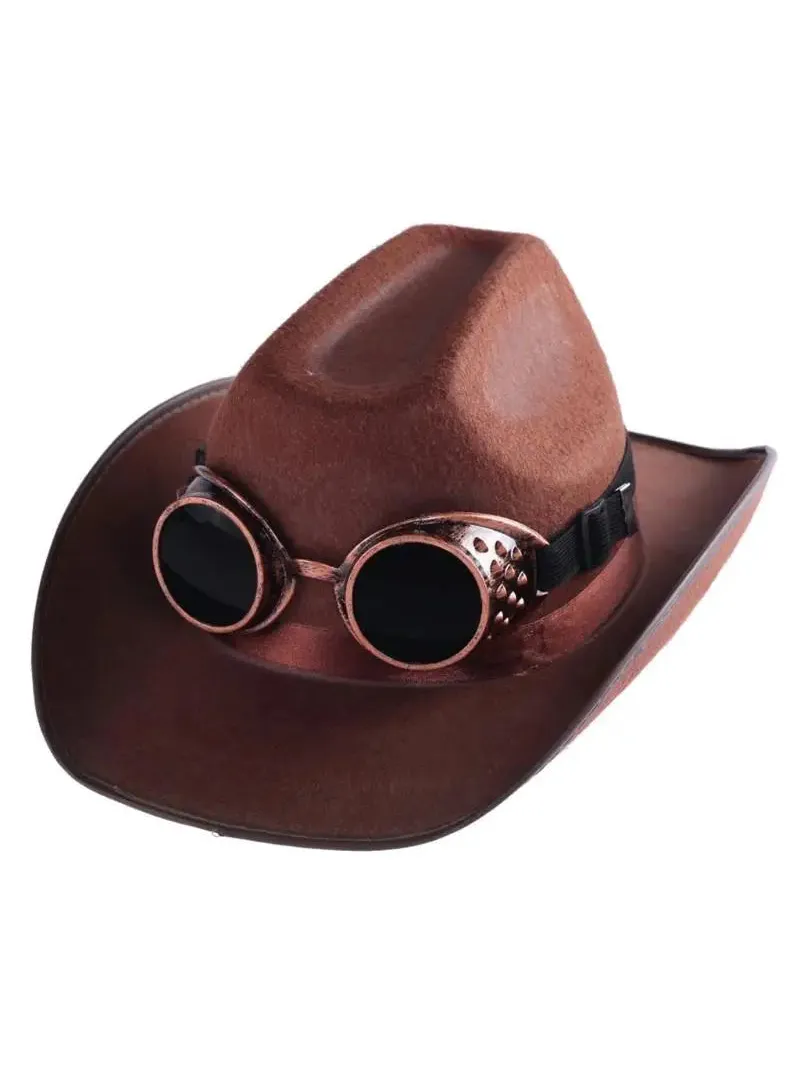 Brown cowboy hat with vintage steampunk goggles featuring dark lenses and metallic copper accents.