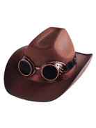 Brown cowboy hat with vintage steampunk goggles featuring dark lenses and metallic copper accents.
