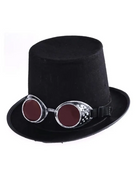 Black top hat with attached vintage steampunk goggles featuring metallic silver frames and dark red lenses.