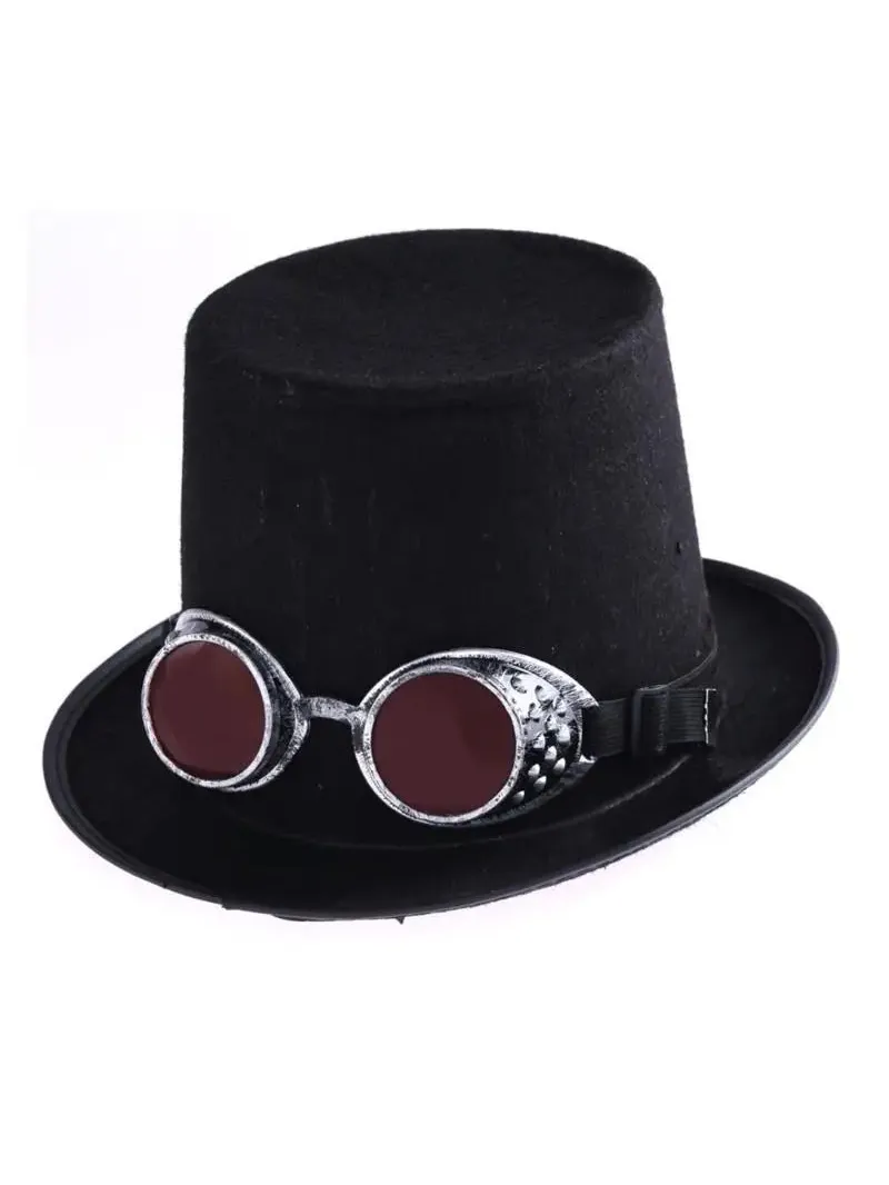 Black top hat with attached vintage steampunk goggles featuring metallic silver frames and dark red lenses.