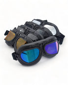Vintage Steampunk Motorcycle Goggles in multiple lens colors with black frames, showcasing UV protection.