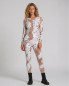 Vivian White Rhinestone Jumpsuit, a full-length, sheer spandex jumpsuit with hand-glued rhinestones and sewn sequins.
