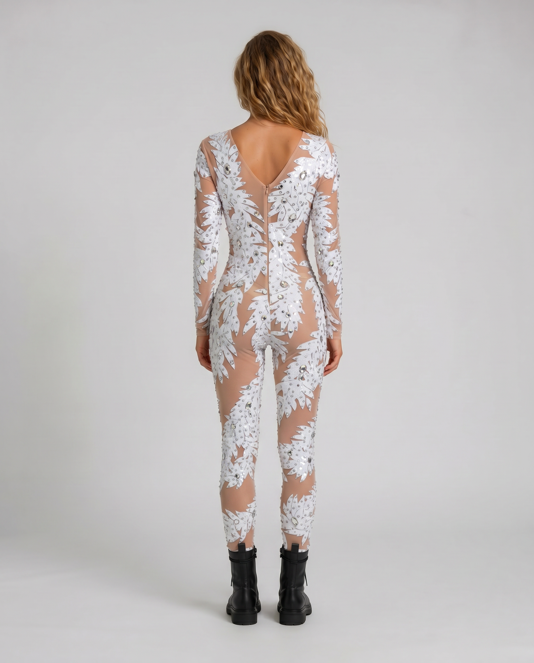 Vivian White Rhinestone Jumpsuit, full-length, stretch spandex with hand-glued rhinestones and sewn sequins.