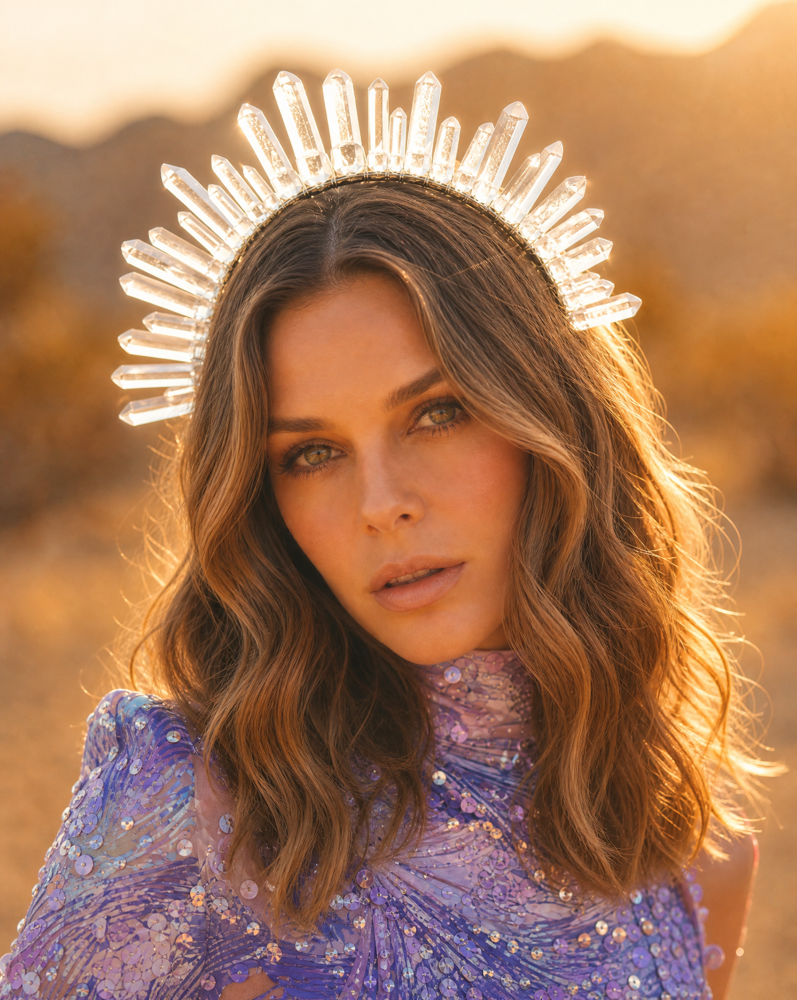 Woman wearing a white crystal quartz headband crown in a desert sunset.