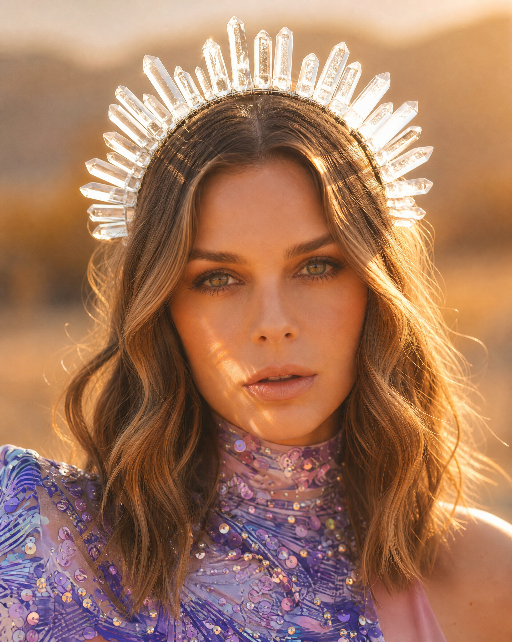 Woman wearing a white crystal quartz headband crown in golden hour sunlight.