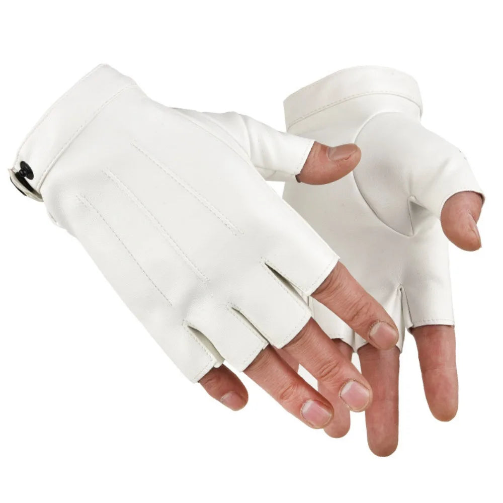 Par de guantes sin dedos de cuero PU blanco, 9.5 x 15 cm, con dedos y pulgar expuestos.