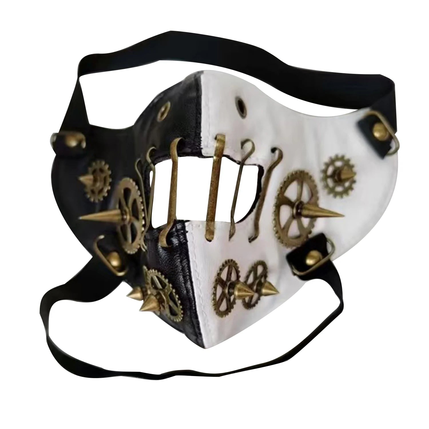 close-up leather steampunk face mask with black and white colors and intricate gear details